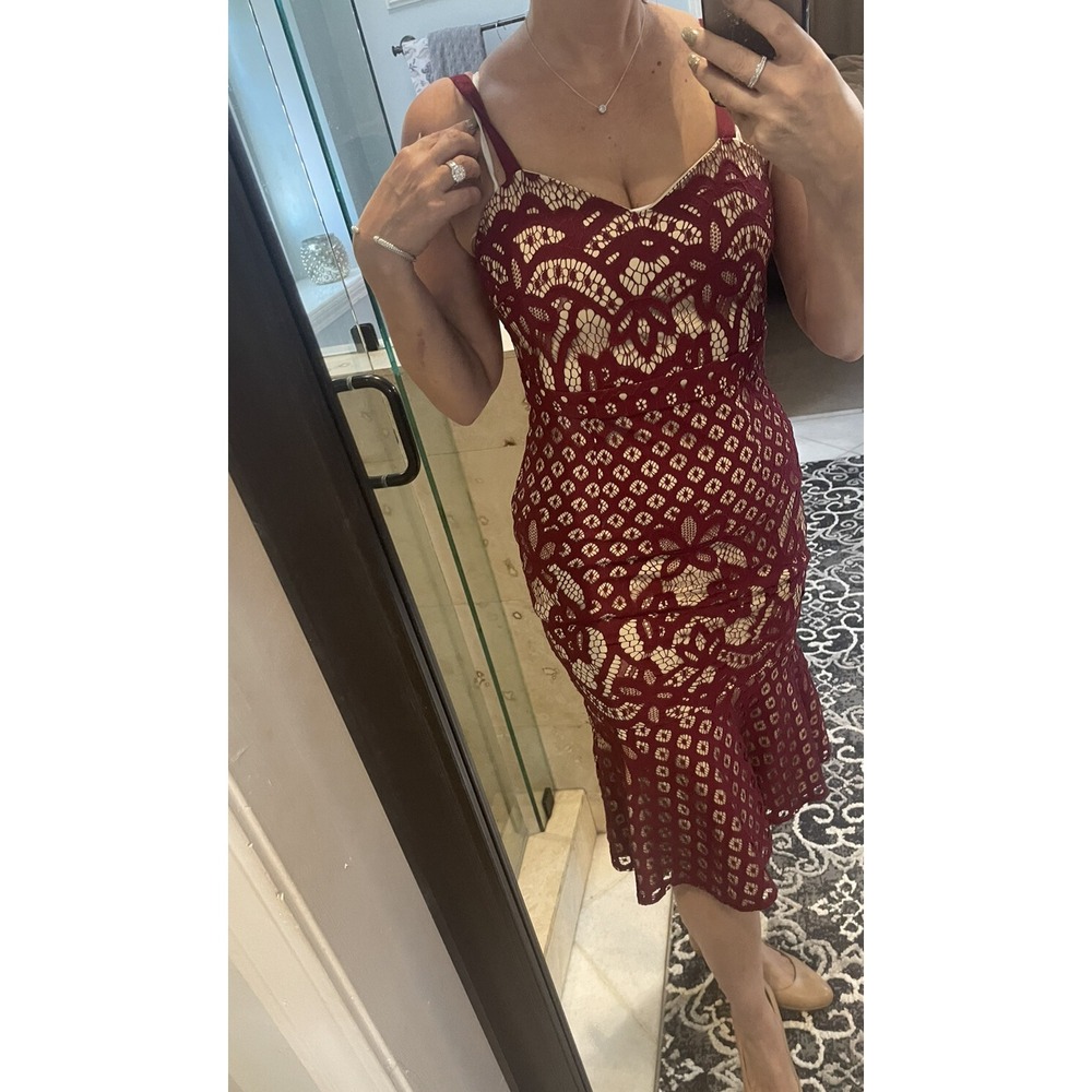 Two Sisters Electra Dress Burgundy Red Nude Lace High Low Prom Midi TS306 Sz 4